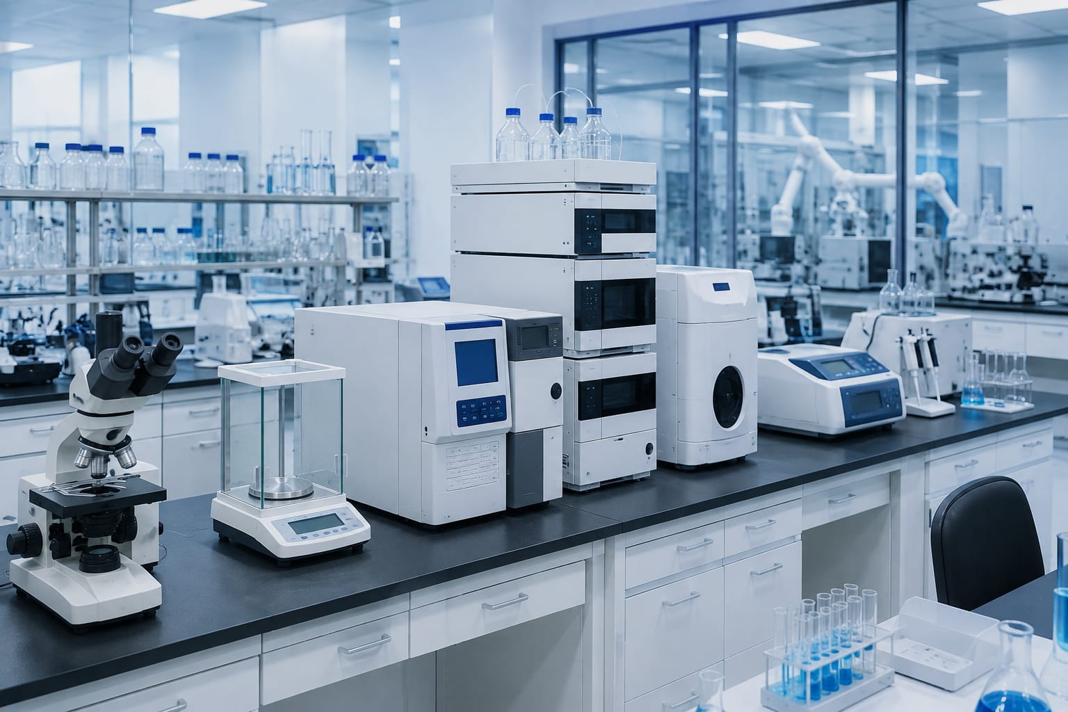 HPLC、UV-Vis分光光度計、顕微鏡など理化学・分析機器のイメージ