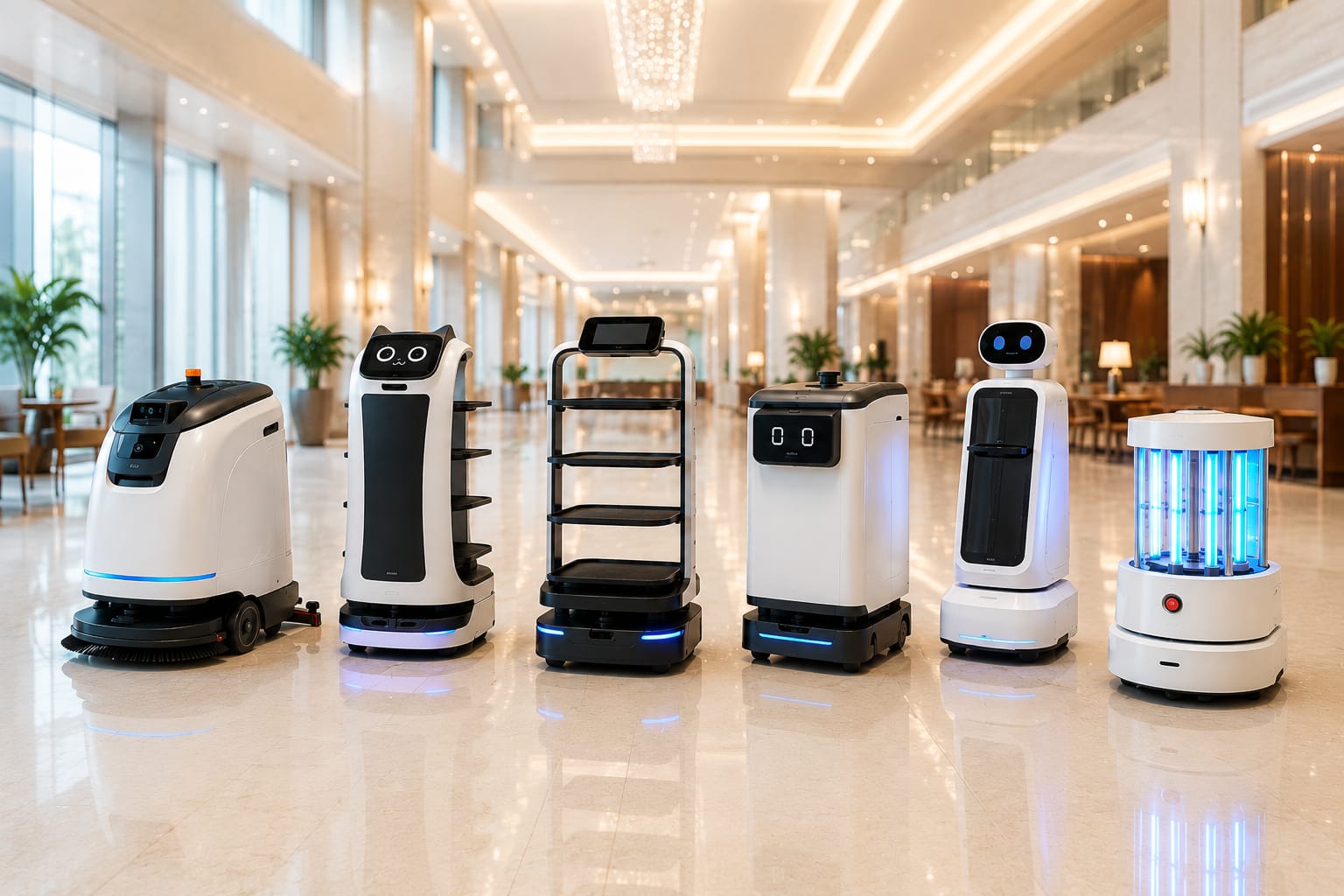 清掃ロボット、配膳ロボット、案内ロボットなど、清掃・配膳ロボットのイメージ